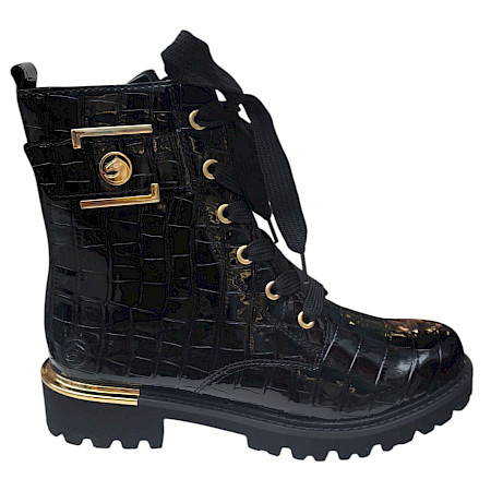 Remonte D8683-00 Damen-Boot in Schwarz mit veganem Kunstlack-Obermaterial in Kroko-Optik, goldfarbenen Details, breiter Schnürung, Reißverschluss, Komfortweite G und herausnehmbarer Einlegesohle... Remonte D8683-00 Damen-Boot in Schwarz mit veganem Kunstlack-Obermaterial in Kroko-Optik, goldfarbenen Details, breiter Schnürung, Reißverschluss, Komfortweite G und herausnehmbarer Einlegesohle...