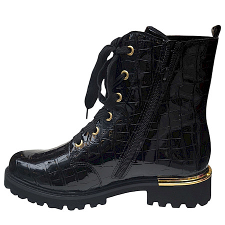 Remonte D8683-00 Damen-Boot in Schwarz mit veganem Kunstlack-Obermaterial in Kroko-Optik, goldfarbenen Details, breiter Schnürung, Reißverschluss, Komfortweite G und herausnehmbarer Einlegesohle... Remonte D8683-00 Damen-Boot in Schwarz mit veganem Kunstlack-Obermaterial in Kroko-Optik, goldfarbenen Details, breiter Schnürung, Reißverschluss, Komfortweite G und herausnehmbarer Einlegesohle...