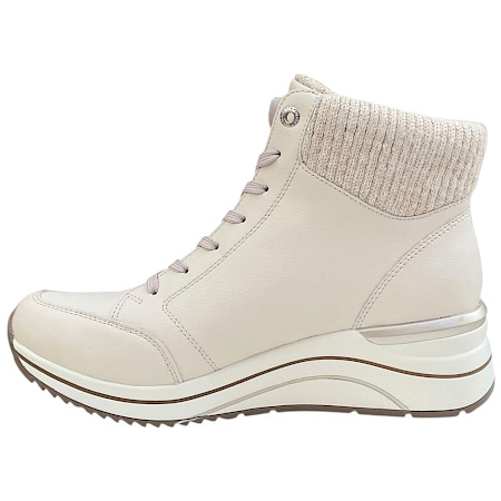 Remonte Damen-Stiefelette in Offwhite Metallic aus Echtleder mit warmer Innenausstattung, Schnürung, seitlichem Reißverschluss und erhöhter Sohle. Remonte Damen-Stiefelette in Offwhite Metallic aus Echtleder mit warmer Innenausstattung, Schnürung, seitlichem Reißverschluss und erhöhter Sohle.