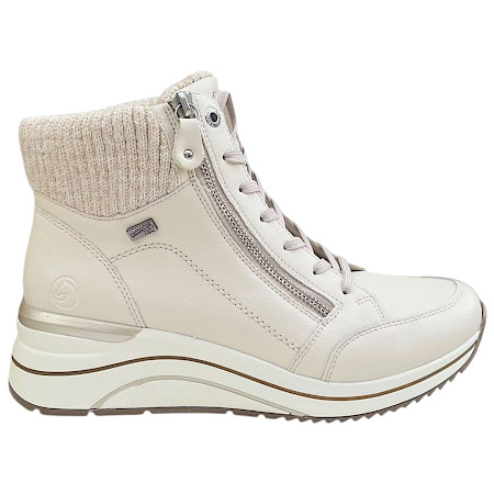 Remonte Damen-Stiefelette in Offwhite Metallic aus Echtleder mit warmer Innenausstattung, Schnürung, seitlichem Reißverschluss und erhöhter Sohle. Remonte Damen-Stiefelette in Offwhite Metallic aus Echtleder mit warmer Innenausstattung, Schnürung, seitlichem Reißverschluss und erhöhter Sohle.