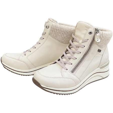 Remonte Damen-Stiefelette in Offwhite Metallic aus Echtleder mit warmer Innenausstattung, Schnürung, seitlichem Reißverschluss und erhöhter Sohle. Remonte Damen-Stiefelette in Offwhite Metallic aus Echtleder mit warmer Innenausstattung, Schnürung, seitlichem Reißverschluss und erhöhter Sohle.