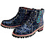 Maciejka 7687-17 Damen-Stiefelette in Blau und Navy mit schimmerndem Muster, türkisen Blüten, Schnürung, seitlichem Reißverschluss und Profilsohle.