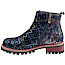 Maciejka 7687-17 Damen-Stiefelette in Blau und Navy mit schimmerndem Muster, türkisen Blüten, Schnürung, seitlichem Reißverschluss und Profilsohle.