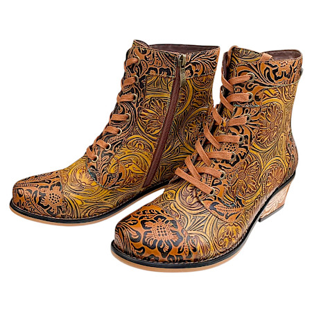 Maciejka 7688-29 Damen-Stiefelette aus Echtleder in Braun, Cognac und Gold mit floraler Musterung, Schnürung, Reißverschluss und Absatz. Maciejka 7688-29 Damen-Stiefelette aus Echtleder in Braun, Cognac und Gold mit floraler Musterung, Schnürung, Reißverschluss und Absatz.