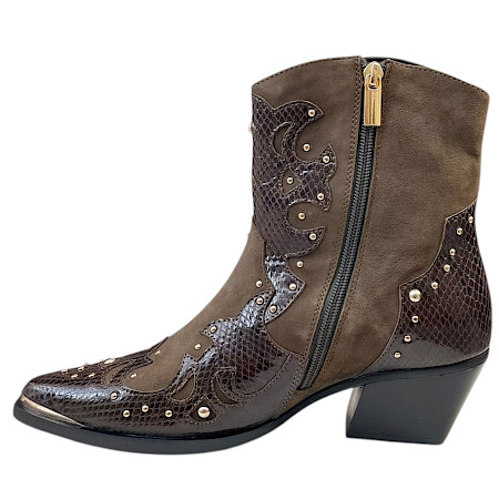 Lazamani LA85789 Damen-Stiefelette in Khaki und Dunkelbraun im Western-Stil mit Reptiloptik, goldfarbenen Nieten, spitzer Vorderpartie, Blockabsatz und seitlichem Reißverschluss –... Lazamani LA85789 Damen-Stiefelette in Khaki und Dunkelbraun im Western-Stil mit Reptiloptik, goldfarbenen Nieten, spitzer Vorderpartie, Blockabsatz und seitlichem Reißverschluss –...