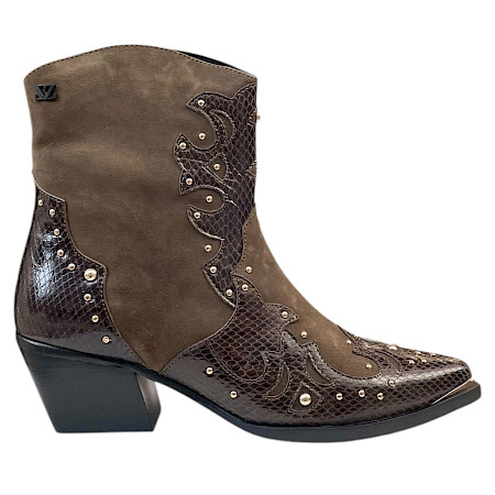 Lazamani LA85789 Damen-Stiefelette in Khaki und Dunkelbraun im Western-Stil mit Reptiloptik, goldfarbenen Nieten, spitzer Vorderpartie, Blockabsatz und seitlichem Reißverschluss –... Lazamani LA85789 Damen-Stiefelette in Khaki und Dunkelbraun im Western-Stil mit Reptiloptik, goldfarbenen Nieten, spitzer Vorderpartie, Blockabsatz und seitlichem Reißverschluss –...