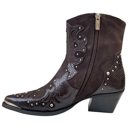 Lazamani LA85789 Damen-Western-Stiefelette in Braun aus Leder und Veloursleder mit Reptiloptik, goldfarbenen Nieten, spitzer Vorderpartie, seitlichem Reißverschluss und 5 cm Absatz – braune... Lazamani LA85789 Damen-Western-Stiefelette in Braun aus Leder und Veloursleder mit Reptiloptik, goldfarbenen Nieten, spitzer Vorderpartie, seitlichem Reißverschluss und 5 cm Absatz – braune...