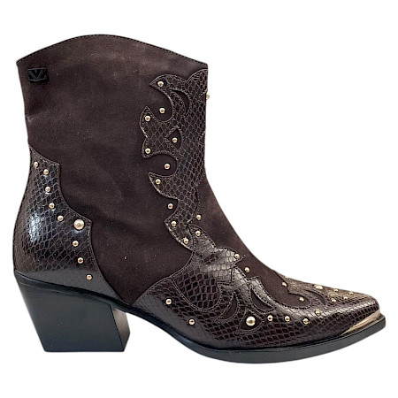 Lazamani LA85789 Damen-Western-Stiefelette in Braun aus Leder und Veloursleder mit Reptiloptik, goldfarbenen Nieten, spitzer Vorderpartie, seitlichem Reißverschluss und 5 cm Absatz – braune... Lazamani LA85789 Damen-Western-Stiefelette in Braun aus Leder und Veloursleder mit Reptiloptik, goldfarbenen Nieten, spitzer Vorderpartie, seitlichem Reißverschluss und 5 cm Absatz – braune...