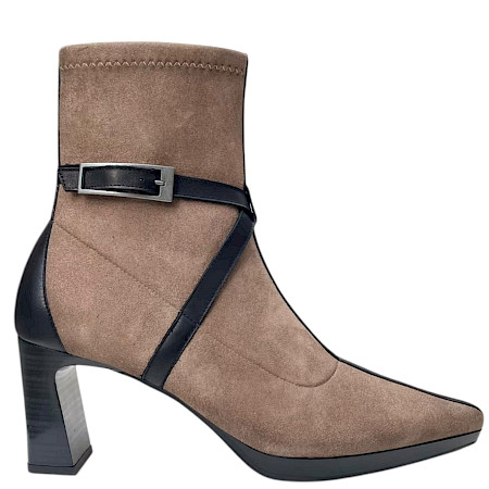 Hispanitas Bangkok Damen-Stiefelette in Soho-Black aus Leder mit taupebrauner Oberfläche, schwarzen Lederdetails, Schnallenriemen, seitlichem Reißverschluss und ca. 4,5 cm Absatz – elegante... Hispanitas Bangkok Damen-Stiefelette in Soho-Black aus Leder mit taupebrauner Oberfläche, schwarzen Lederdetails, Schnallenriemen, seitlichem Reißverschluss und ca. 4,5 cm Absatz – elegante...