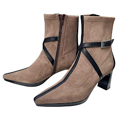 Hispanitas Bangkok Damen-Stiefelette in Soho-Black aus Leder mit taupebrauner Oberfläche, schwarzen Lederdetails, Schnallenriemen, seitlichem Reißverschluss und ca. 4,5 cm Absatz – elegante Hispanitas Leder-Stiefelette bei kassedy.de.