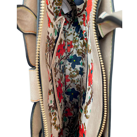 Laura Vita Ayna 01 Handtasche in Beige mit floralem Blumenmuster, zwei Tragegriffen und verstellbarem Schulterriemen. Laura Vita Ayna 01 Handtasche in Beige mit floralem Blumenmuster, zwei Tragegriffen und verstellbarem Schulterriemen.