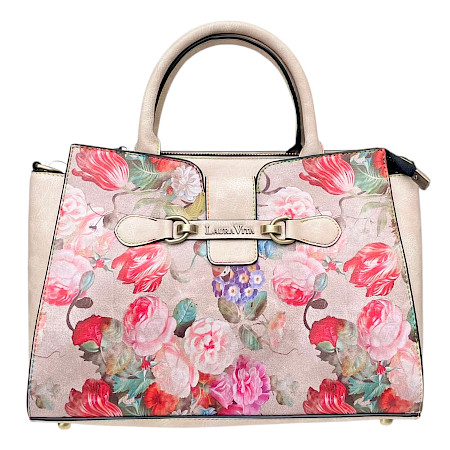 Laura Vita Ayna 01 Handtasche in Beige mit floralem Blumenmuster, zwei Tragegriffen und verstellbarem Schulterriemen. Laura Vita Ayna 01 Handtasche in Beige mit floralem Blumenmuster, zwei Tragegriffen und verstellbarem Schulterriemen.