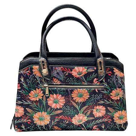 Laura Vita Aramis 05 Handtasche in Noir mit buntem floralem Blumenmuster, schwarzen Tragegriffen und zusätzlichem Schulterriemen. Laura Vita Aramis 05 Handtasche in Noir mit buntem floralem Blumenmuster, schwarzen Tragegriffen und zusätzlichem Schulterriemen.