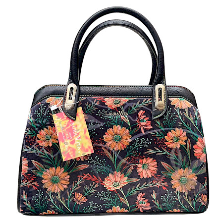 Laura Vita Aramis 05 Handtasche in Noir mit buntem floralem Blumenmuster, schwarzen Tragegriffen und zusätzlichem Schulterriemen. Laura Vita Aramis 05 Handtasche in Noir mit buntem floralem Blumenmuster, schwarzen Tragegriffen und zusätzlichem Schulterriemen.