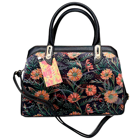 Laura Vita Aramis 05 Handtasche in Noir mit buntem floralem Blumenmuster, schwarzen Tragegriffen und zusätzlichem Schulterriemen. Laura Vita Aramis 05 Handtasche in Noir mit buntem floralem Blumenmuster, schwarzen Tragegriffen und zusätzlichem Schulterriemen.