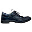 Kristofer 1401 Herren-Schnürschuh in Dunkelblau aus Leder mit außergewöhnlichen hellblauen Schrift-Details, schwarzer Schnürung und flacher Sohle – extravaganter Herrenschuh bei kassedy.de.