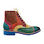 Melvin & Hamilton Amelie 17 Damen-Boot Artikel 108888 in Grün, Rot und Royalblau mit mehrfarbigem Lederdesign, Brogue-Details, Schnürung, Gummizug-Einsatz und auffälliger blauer Sohle – ultra leichter Statement-Boot bei kassedy.de.