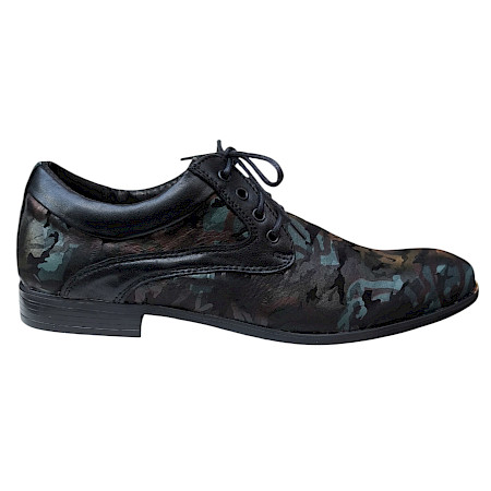 Kristofer 1412 Herren-Schnürschuh in Schwarz mit dunkler Camouflage-Optik in Grün, Petrol und Braun, schwarzen Lederdetails und eleganter Silhouette – außergewöhnlicher Herrenschuh bei... Kristofer 1412 Herren-Schnürschuh in Schwarz mit dunkler Camouflage-Optik in Grün, Petrol und Braun, schwarzen Lederdetails und eleganter Silhouette – außergewöhnlicher Herrenschuh bei...