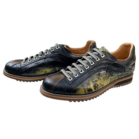 Enzo Vita Achille 02 Herren-Schnürschuh in Moutarde, Schwarz und Olive aus Naturleder mit auffälliger Reptil- und Schlangenoptik, Lederfutter und flexibler Laufsohle – extravaganter Herrenschuh... Enzo Vita Achille 02 Herren-Schnürschuh in Moutarde, Schwarz und Olive aus Naturleder mit auffälliger Reptil- und Schlangenoptik, Lederfutter und flexibler Laufsohle – extravaganter Herrenschuh...