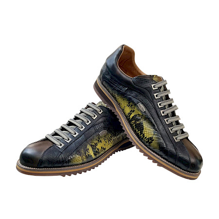 Enzo Vita Achille 02 Herren-Schnürschuh in Moutarde, Schwarz und Olive aus Naturleder mit auffälliger Reptil- und Schlangenoptik, Lederfutter und flexibler Laufsohle – extravaganter Herrenschuh... Enzo Vita Achille 02 Herren-Schnürschuh in Moutarde, Schwarz und Olive aus Naturleder mit auffälliger Reptil- und Schlangenoptik, Lederfutter und flexibler Laufsohle – extravaganter Herrenschuh...