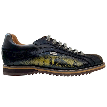 Enzo Vita Achille 02 Herren-Schnürschuh in Moutarde, Schwarz und Olive aus Naturleder mit auffälliger Reptil- und Schlangenoptik, Lederfutter und flexibler Laufsohle – extravaganter Herrenschuh... Enzo Vita Achille 02 Herren-Schnürschuh in Moutarde, Schwarz und Olive aus Naturleder mit auffälliger Reptil- und Schlangenoptik, Lederfutter und flexibler Laufsohle – extravaganter Herrenschuh...